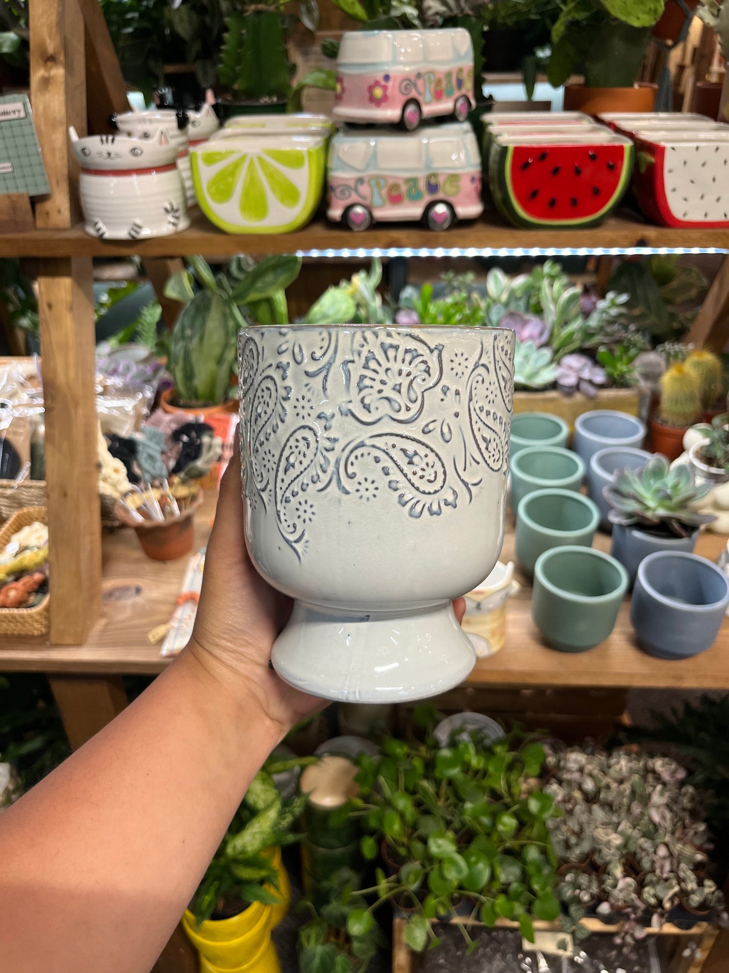 White Pedestal Pot with Paisley Pattern