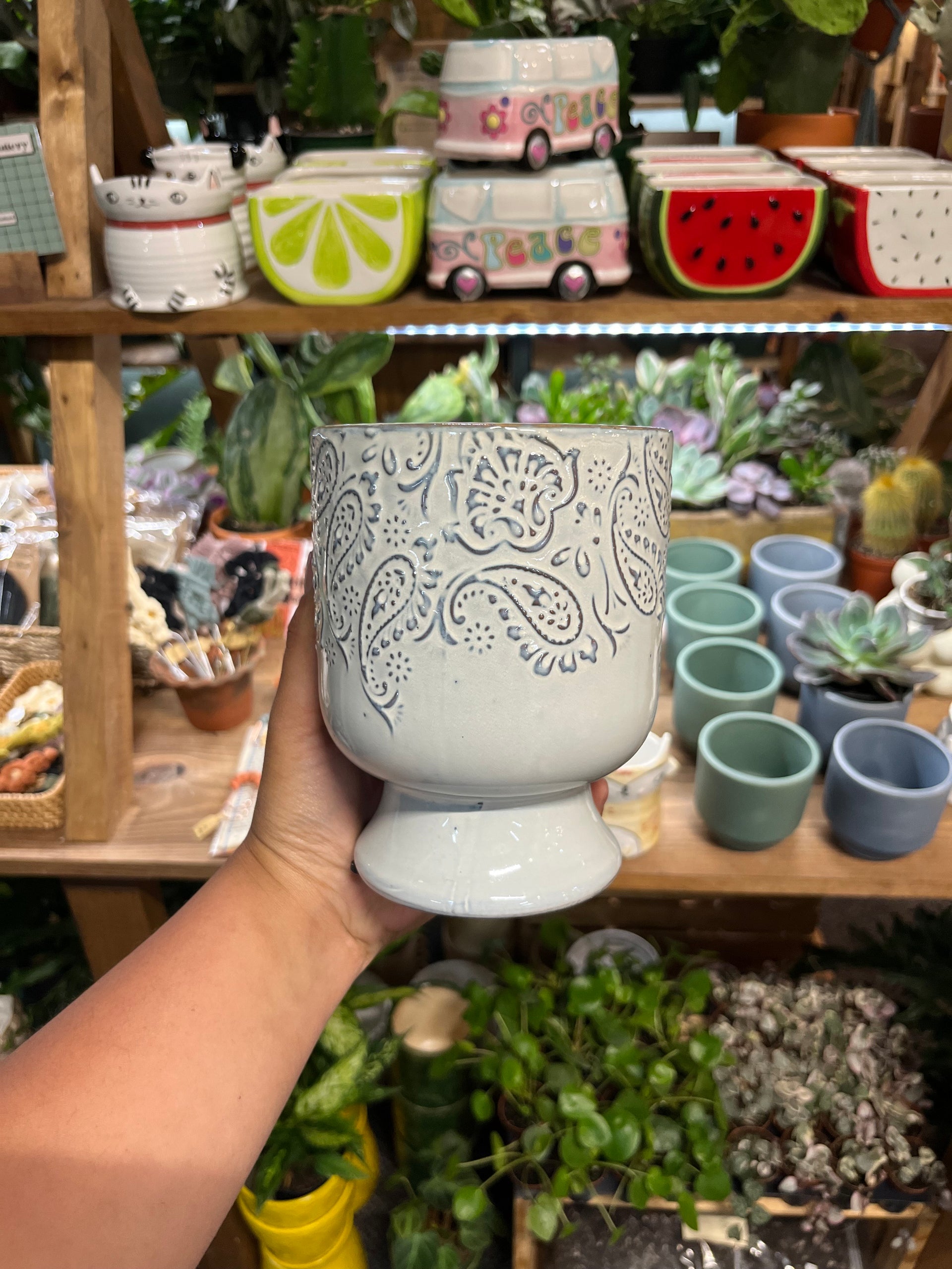 paisley plant pot White Pedestal Pot with Paisley Pattern – Flora Soul Horticulture