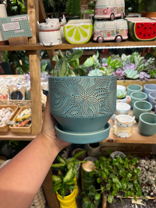 Teal Floral Pot w/ Attached Saucer